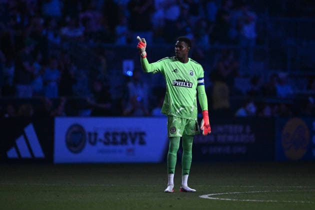 CHESTER, PA - AUGUST 19: Philadelphia Union goalkeeper Andre Blake 18 looks on during the game between the Philadelphia Union and Inter Miami CF on August 19th, 2026 at Subaru Park in Chester, PA. (Photo by Terence Lewis Icon Sportswire) SOCCER: AUG 19 MLS, Fussball Herren, USA Philadelphia Union vs Inter Miami CF EDITORIAL USE ONLY Icon260819040