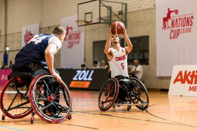 COLOGNE, GERMANY - AUGUST 20: Garrett Ostepchuk (Canada, 5) controls the ball against Lee Manning (Great Britain, 14) during a mens Nations Cup Cologne match between Canada vs. Great Britain at Sporthalle am Bergischen Ring on August 20, 2026 in Cologne, Germany. North Rhine Westphalia Germany Copyright: xSteffiexWunderlx