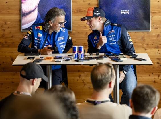 ZANDVOORT - Max Verstappen (Red Bull Racing) gives a press conference, PK, Pressekonferenz with team principal Laurent Mekies (L) at the Zandvoort Circuit ahead of the Dutch F1 Grand Prix. REMKO DE WAAL ANP xVIxANPxSportx xxANPxIVx 565864126 originalFilename: 565864126.jpg