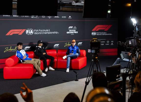 ZANDVOORT - (L-R) Arvid Lindblad (Racing Bulls), Sergio Perez (Cadillac) and Max Verstappen (Red Bull Racing) during a press conference, PK, Pressekonferenz at the Zandvoort Circuit ahead of the Dutch F1 Grand Prix. REMKO DE WAAL ANP xVIxANPxSportx xxANPxIVx 565867680 originalFilename: 565867680.jpg