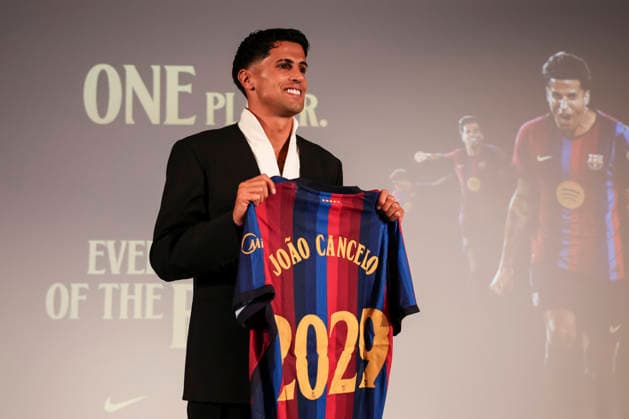 August 20, 2026, Barcelona, Barcelona, SPAIN: Joao Cancelo poses in his shirt after signing his new contract as a new FC Barcelona, Barca player during his presentation at Commercial Office on August 20 2026 in Barcelona, Spain. Barcelona SPAIN - ZUMAa181 20260820_zaa_a181_045 Copyright: xJavierxBorregox