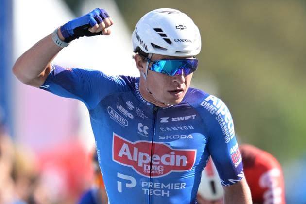 Belgian Jasper Philipsen of Alpecin-Premier Tech celebrates as she crosses the finish line at stage two of the Renewi Tour multi-stage cycling race, from Blankenberge to Ardooie (191,3 km) on Thursday 20 August 2026. The five-day race takes place from 19 to 23 08. DAVIDxPINTENS  x183838595x