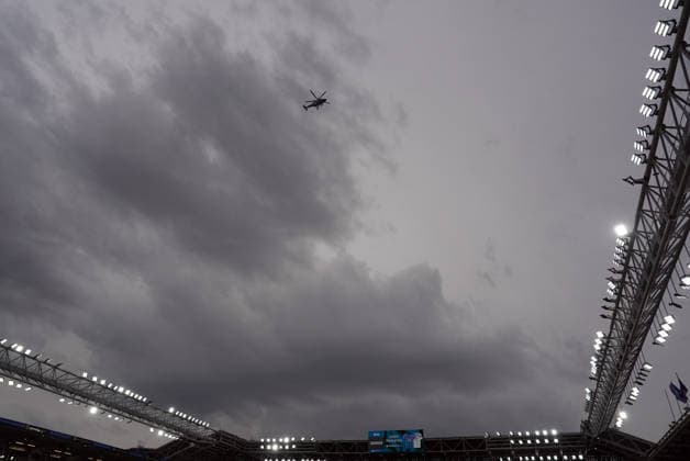 A police helicopter flies over the stadium before the Playoff Conference League soccer match between Atalanta and Hapoel Tel-Aviv at the New Balance Arena in Bergamo , North Italy - Friday , August 20 , 2026 . - Soccer .  Copyright: xSpada LaPressex