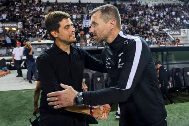 Conference League i fotball 2026: PAOK-Brann Thessaloniki 20260820. PAOKs trener Alessio Lisci og Branns trener Eirik Horneland for playoff-kampen i Conference League-kvalifiseringen i fotball mellom PAOK og Brann pa Toumba Stadium. Foto: Spiros Makridis NTB Thessaloniki Hellas EDITORIAL USE ONLY. RESTRICTED USE FOR BETTING COMPANIES Ref:_SPOd3IAAmCTuMM.jpg *** 2026 Conference League in Soccer: PAOK vs. Brann, Thessaloniki, August 20, 2026. PAOK coach Alessio Lisci and Brann coach Eirik Horneland ahead of the Conference League qualifying playoff match between PAOK and Brann at Toumba Stadium. Photo: Spiros Makridis NTB Thessaloniki, Greece EDITORIAL USE ONLY RESTRICTED USE FOR BETTING COMPANIES  Copyright: xSpirosxMakridisx xNTBx