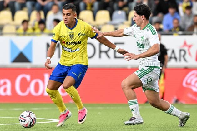 STVV s Ilias Sebaoui and Omonoia s Panagiotis Andreou pictured in action during a soccer game between Belgian Sint-Truidense V.V. and Cypriot AC Omonoia Nicosia, Thursday 20 August 2026 in Sint-Truiden, the first leg of the play-off round for the UEFA Europa League league phase. JILLxDELSAUX  x183847543x