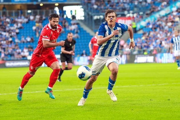 20.08.2026 POZNAN, ENEA STADION PRZY BULGARSKIEJ PILKA NOZNA (FOOTBALL), KWALIFIKACJE UEFA EUROPA LEAGUE ( UEFA EUROPA LEAGUE PLAY-OFFS 1ST LEG ), SEZON 2026 2027 MECZ LECH POZNAN - FC THUN NZ. (L) MARCO BURKI , (R) PABLO RODRIGUEZ FOTO JAKUB PIASECKI CYFRASPORT NEWSPIX.PL --- newspix.pl POLAND OUT! 