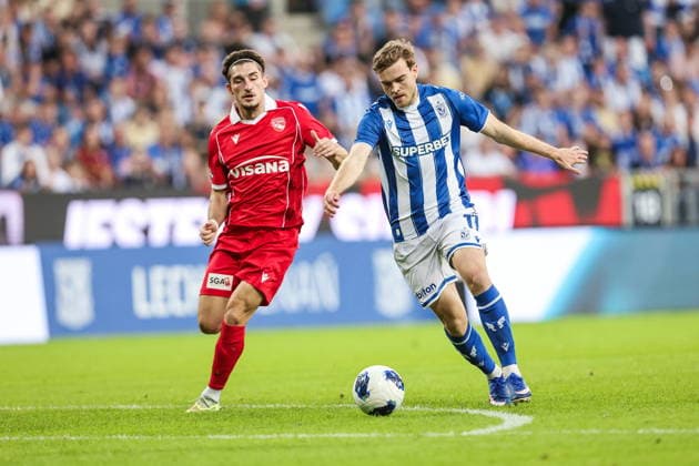 20.08.2026 POZNAN, ENEA STADION PRZY BULGARSKIEJ PILKA NOZNA (FOOTBALL), KWALIFIKACJE UEFA EUROPA LEAGUE ( UEFA EUROPA LEAGUE PLAY-OFFS 1ST LEG ), SEZON 2026 2027 MECZ LECH POZNAN - FC THUN NZ. (L) FABIO SAIZ , (R) DANIEL HAKANS STRZAL BRAMKA GOL FOTO JAKUB PIASECKI CYFRASPORT NEWSPIX.PL --- newspix.pl POLAND OUT! 