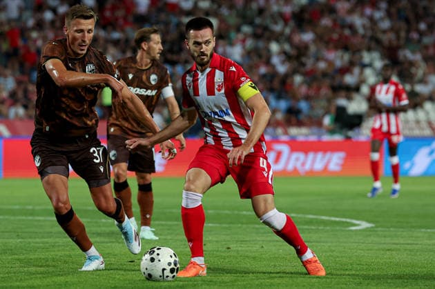 Crvena Zvezda v Viktoria Plzen, UEFA Europa League, play-offs, 1st leg Season 2026 2027 Belgrade, Serbia. 20th August, 2026. Viktoria s David Krcik and Mirko Ivanic during the UEFA Europa League play-offs, 1st leg football match between Crvena Zvezda (Red Star) and Viktoria Plzen at the Rajko Mitic Stadium on August 20, 2026 in Belgrade, Serbia. Belgrade Serbia Copyright: xPedjaxMilosavljevicx x