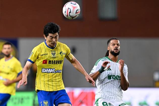 STVV s Shogo Taniguchi and Omonoia s LoÃ¯s Diony pictured in action during a soccer game between Belgian Sint-Truidense V.V. and Cypriot AC Omonoia Nicosia, Thursday 20 August 2026 in Sint-Truiden, the first leg of the play-off round for the UEFA Europa League league phase. JILLxDELSAUX  x183849216x