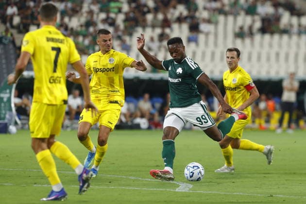 UEFA Conference League, Panathinaikos vs Hradec Kralove - Levi Garcia of Panathinaikos in action against Daniel Horak of Hradec Kralove during the UEFA Conference LeaguePlay-offs 1st leg soccer match between Panathinaikos vs Hradec Kralove, held at Olympic Athletic Center of Athens Spyros Louis in Athens, Greece, on 20 August 2026. IMAGO ONE INCH PRODUCTIONS ATHENS GREECE Copyright: xOnexInchxProductionsx 7060878