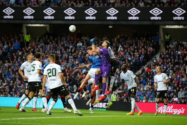 Jablonec goalkeeper Jan Hanus punches clear from Ryan Naderi of Rangers during the UEFA Conference League play-off round first leg at Ibrox Stadium, Glasgow. Rangers v Jablonec - UEFA Conference League - Play-Off Round First Leg - Ibrox Stadium, Glasgow, Lanarkshire, Scotland, UK - 20 Aug 2026Glasgow Ibrox Lanarkshire United Kingdom  Copyright: xO Rourke RangersxFC Shutterstockx 17110133b