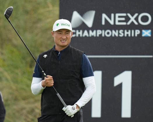 BALMEDIE, SCOTLAND - AUG 20: Hao-Tong Li (CHN) plays from the eleventh tee during Round 1 at the 2026 Nexo Championship at the Trump International Golf Links, Balmedie on August 20, 2026 in Aberdeenshire, Scotland The 2026 Nexo Championship