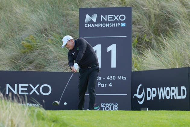 BALMEDIE, SCOTLAND - AUG 20: Kyoung-Hoon Lee (KOR) plays from the eleventh tee during Round 1 at the 2026 Nexo Championship at the Trump International Golf Links, Balmedie on August 20, 2026 in Aberdeenshire, Scotland The 2026 Nexo Championship