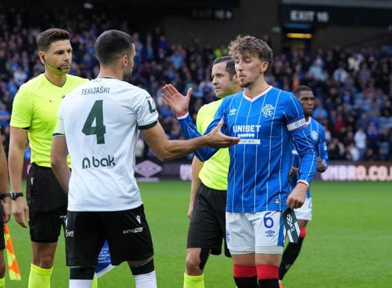 FK Jablonec captain Nemanja Tekijaski & Rangers captain Dan Neil shake hands before kick off. Rangers v Jablonec, UEFA Conference League, Play-Off Round, First Leg, Football, Ibrox Stadium, Glasgow, Scotland, UK - 20 Aug 2026Glasgow Ibrox Stadium Scotland United Kingdom  Copyright: xStuartxWallace Shutterstockx 17108686r