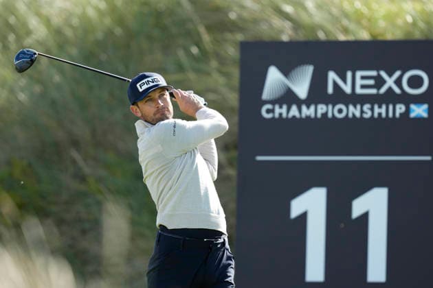 BALMEDIE, SCOTLAND - AUG 20: Joel Girrbach (CHE) plays from the eleventh tee during Round 1 at the 2026 Nexo Championship at the Trump International Golf Links, Balmedie on August 20, 2026 in Aberdeenshire, Scotland The 2026 Nexo Championship