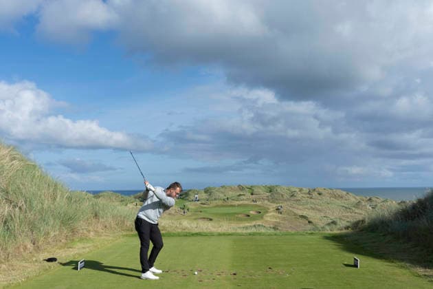 BALMEDIE, SCOTLAND - AUG 20: Eliot Baker (ENG) plays from the thirteenth tee during Round 1 at the 2026 Nexo Championship at the Trump International Golf Links, Balmedie on August 20, 2026 in Aberdeenshire, Scotland The 2026 Nexo Championship