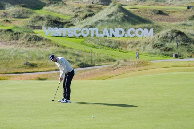 BALMEDIE, SCOTLAND - AUG 20: Joel Girrbach (CHE) putts on the thirteenth green during Round 1 at the 2026 Nexo Championship at the Trump International Golf Links, Balmedie on August 20, 2026 in Aberdeenshire, Scotland The 2026 Nexo Championship