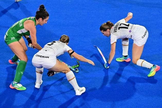 RECORD DATE NOT STATED Ireland s Hannah McLoughlin; Belgium s Justine Rasir and Belgium s Emilie Verhees fight for the ball during a Field hockey, Feldhockey game between Belgian national team, Nationalteam Red Panthers and Ireland during the group stage of the women s 2026 Hockey World Cup, on Saturday 30 December 1899, in Wavre. The 2026 edition of the Hockey World Cup takes place in Belgium and The Netherlands from August 15 to August 30. DIRKxWAEM  x183850832x