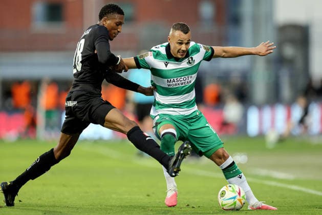 UEFA Europa Conference League Play-off First Leg, Tallaght Stadium, Dublin 20 8 2026 Shamrock Rovers vs KuPS Shamrock Rovers Graham Burke and Brahima Magassa of KuPS Graham Burke and Brahima Magassa 20 8 2026  Copyright: xLaszloxGeczox LG_20-08-2026_025222