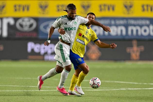 Sint-Truidense VV v Omonia Nicosia AC - UEFA Europa League SINT-TRUIDEN, BELGIUM - AUGUST 20 : Duverne Jean-Kevin defender of Omonia Nicosia AC and Musliu Visar defender of Sint-Truidense VV during the UEFA Europa League 2026 27 play-off round first leg between Sint-Truidense VV and Omonia Nicosia AC on August 20, 2026 in Sint-Truiden, Belgium, 20 08 2026 Sint-Truiden Belgium  Copyright: xDhax