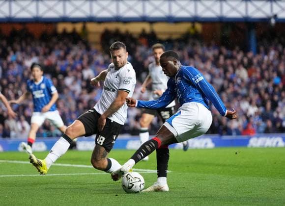 Djeidi Gassama of Rangers beats Martin Cedidla of FK Jablonec Rangers v Jablonec, UEFA Conference League, Play-Off Round, First Leg, Football, Ibrox Stadium, Glasgow, Scotland, UK - 20 Aug 2026Glasgow Ibrox Stadium Scotland United Kingdom  Copyright: xStuartxWallace Shutterstockx 17108686al