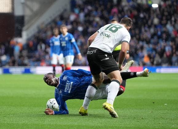 Djeidi Gassama of Rangers tackled by Martin Cedidla of FK Jablonec Rangers v Jablonec, UEFA Conference League, Play-Off Round, First Leg, Football, Ibrox Stadium, Glasgow, Scotland, UK - 20 Aug 2026Glasgow Ibrox Stadium Scotland United Kingdom  Copyright: xStuartxWallace Shutterstockx 17108686an