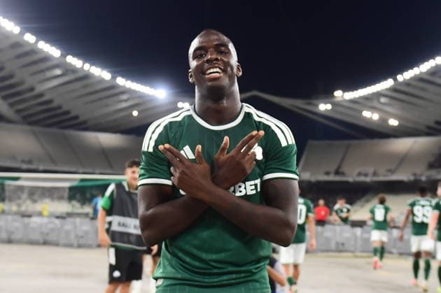 UEFA Conference League, Panathinaikos vs Hradec Kralove - Andrews Tetteh of Panathinaikos celebrates after scoring the 1-0 against Hradec Kralove during the UEFA Conference LeaguePlay-offs 1st leg soccer match between Panathinaikos vs Hradec Kralove, held at Olympic Athletic Center of Athens Spyros Louis in Athens, Greece, on 20 August 2026. IMAGO ONE INCH PRODUCTIONS ATHENS GREECE Copyright: xOnexInchxProductionsx 7061159