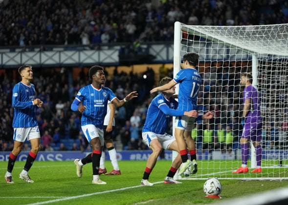 Ryan Naderi of Rangers celebrates with Daisuke Yokota of Rangers (assist) after scoring to give Rangers a 1-0 lead. Rangers v Jablonec, UEFA Conference League, Play-Off Round, First Leg, Football, Ibrox Stadium, Glasgow, Scotland, UK - 20 Aug 2026Glasgow Ibrox Stadium Scotland United Kingdom  Copyright: xStuartxWallace Shutterstockx 17108686av