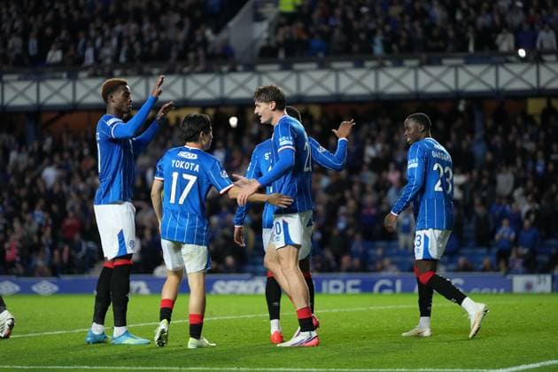 Ryan Naderi of Rangers celebrates with team mates after scoring to give Rangers a 1-0 lead. Rangers v Jablonec, UEFA Conference League, Play-Off Round, First Leg, Football, Ibrox Stadium, Glasgow, Scotland, UK - 20 Aug 2026Glasgow Ibrox Stadium Scotland United Kingdom  Copyright: xStuartxWallace Shutterstockx 17108686bb