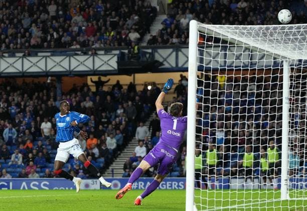 Djeidi Gassama of Rangers misses an open goal, shooting over the crossbar with FK Jablonec goalkeeper Jan Hanus goal begging. Rangers v Jablonec, UEFA Conference League, Play-Off Round, First Leg, Football, Ibrox Stadium, Glasgow, Scotland, UK - 20 Aug 2026Glasgow Ibrox Stadium Scotland United Kingdom  Copyright: xStuartxWallace Shutterstockx 17108686bi