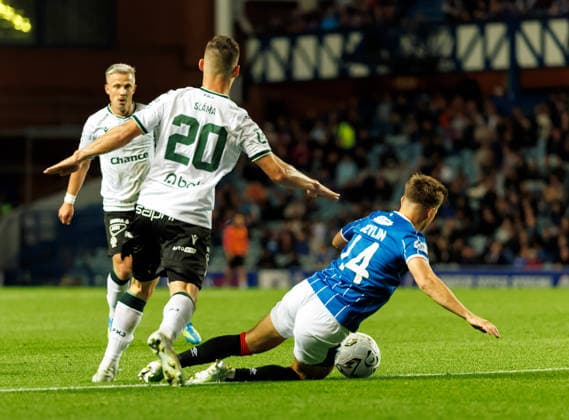 20.08.2026 Rangers v Jablonec: Cammy Devlin of Rangers down in the box as JiA¿í Sláma of FK Jablonec challenges  Copyright: xWilliexVassx NINTCHDBPICT001102353196