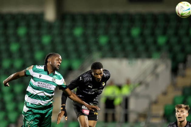 UEFA Europa Conference League Play-off First Leg, Tallaght Stadium, Dublin 20 8 2026 Shamrock Rovers vs KuPS Shamrock Rovers Jonathan Afolabi and Brahima Magassa of KuPS Jonathan Afolabi and Brahima Magassa 20 8 2026  Copyright: xLaszloxGeczox LG_20-08-2026_026890