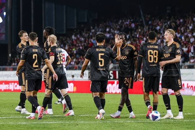 SION , 2008-2026, Stade de Tourbillon , season 2026 2027 , UEFA Conference League play-off football . Match between FC Sion and Ajax, Picture shows players of Ajax are happy that they win the game Sion - Ajax  x205878671x Copyright: