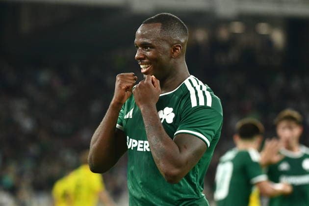 UEFA Conference League, Panathinaikos vs Hradec Kralove - Andrews Tetteh of Panathinaikos celebrates after scoring the 1-0 against Hradec Kralove during the UEFA Conference LeaguePlay-offs 1st leg soccer match between Panathinaikos vs Hradec Kralove, held at Olympic Athletic Center of Athens Spyros Louis in Athens, Greece, on 20 August 2026. IMAGO ONE INCH PRODUCTIONS ATHENS GREECE Copyright: xOnexInchxProductionsx 7061206