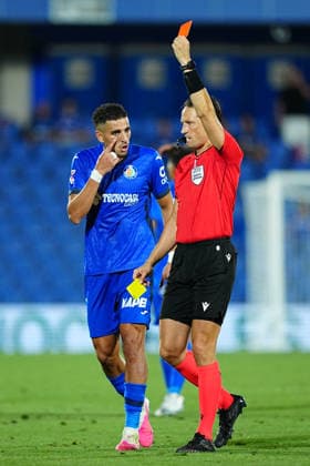 Getafe CF v FK Partizan - UEFA Conference League 2026 27 Play-offs 1st Leg Abdelkabir Abqar of Getafe CF is sent off with a red card during the UEFA Conference League 2026 27 play-offs first leg match between Getafe CF and FK Partizan at Estadio Coliseum on August 20, 2026 in Getafe, Spain. Getafe Estadio Coliseum Madrid Spain Copyright: xGokhanxTanerx xPSxImagesxGokhanxTanerx
