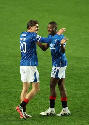 Ryan Naderi of Rangers celebrates his goal with his team mate Olwethu Makhanya during the UEFA Conference League play-off round first leg at Ibrox Stadium, Glasgow. Rangers v Jablonec - UEFA Conference League - Play-Off Round First Leg - Ibrox Stadium, Glasgow, Lanarkshire, Scotland, UK - 20 Aug 2026Glasgow Ibrox Lanarkshire United Kingdom  Copyright: xO Rourke RangersxFC Shutterstockx 17110133w