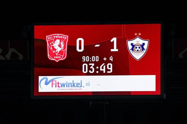 ENSCHEDE - The scoreboard shows the final score of 0-1 during the UEFA Conference League match between FC Twente and Qarabag FK at De Grolsch Veste stadium on August 20, 2026 in Enschede, the Netherlands. WART BRINKERHOF ANP xVIxANPxSportx xMarcelxterxBalsxIVx 565897700 originalFilename: 565897700.jpg