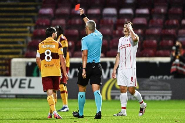 Motherwell v SC Freiburg UEFA Europa Conference League Martin Moormann of Motherwell is shown a red card by the match referee during the UEFA Europa Conference League Play-Off First Leg match at Fir Park, Motherwell 20 08 2026 UK Newspapers OUT Copyright: xJamiexJohnstonx FIL-23808-0100
