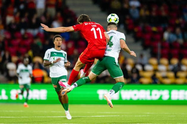 FC Nordsjaelland v St. Gallen, UEFA Conference League qualification, Farum, Denmark Farum, Denmark. 20th, August 2026. Alexander Lind (11) of FC Nordsjaelland and Jozo Stanic (4) of St. Gallen seen during the UEFA Conference League qualification match between FC Nordsjaelland and St. Gallen at Right to Dream Park in Farum. Denmark, Farum  Copyright: xGonzalesxPhoto TobiasxJorgensenx
