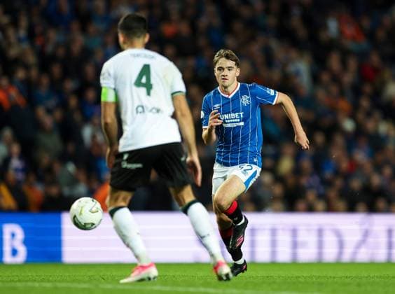 Findlay Curtis of Rangers during UEFA Conference League play off round first leg match at Ibrox Stadium, Glasgow. Rangers v FK Jablonec - UEFA Conference League Play-off Round First Leg - Ibrox Stadium, Glasgow, Lanarkshire, Scotland, UK - 20 Aug 2026Glasgow Ibrox Stadium Lanarkshire, Scotland United Kingdom EDITORIAL USE ONLY  Copyright: xRangersxFC Shutterstockx 17110329bc