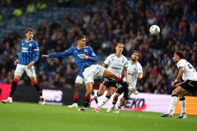 Vanja Dragojevic of Rangers battles for the ball during the UEFA Conference League play-off round first leg at Ibrox Stadium, Glasgow. Rangers v Jablonec - UEFA Conference League - Play-Off Round First Leg - Ibrox Stadium, Glasgow, Lanarkshire, Scotland, UK - 20 Aug 2026Glasgow Ibrox Lanarkshire United Kingdom  Copyright: xO Rourke RangersxFC Shutterstockx 17110133ce