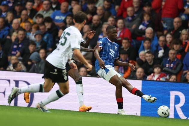 Olwethu Makhanya of Rangers on the ball during the UEFA Conference League play-off round first leg at Ibrox Stadium, Glasgow. Rangers v Jablonec - UEFA Conference League - Play-Off Round First Leg - Ibrox Stadium, Glasgow, Lanarkshire, Scotland, UK - 20 Aug 2026Glasgow Ibrox Lanarkshire United Kingdom  Copyright: xO Rourke RangersxFC Shutterstockx 17110133bw