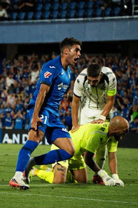Andres Garcia goal celebration seen during Conference League 2026 27 Play-off game, 1st leg match between Getafe CF and FK Partizan played at Coliseum Stadium in Madrid (Marta Lopez Ball Raw Images) Getafe Estadio Coliseum Spain Copyright: xMartaxLopezx MartaLopez_BallRawImages_Getafe-Partizan-115