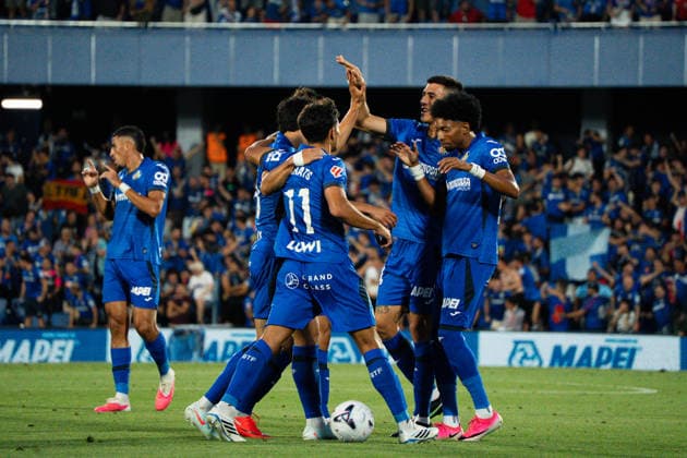 Getafe cf goal celebration seen during Conference League 2026 27 Play-off game, 1st leg match between Getafe CF and FK Partizan played at Coliseum Stadium in Madrid (Marta Lopez Ball Raw Images) Getafe Estadio Coliseum Spain Copyright: xMartaxLopezx MartaLopez_BallRawImages_Getafe-Partizan-151
