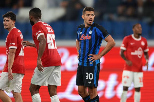 Atalanta v Hapoel Tev Aviv FC - UEFA Conference League - Gewiss Stadium Bergamo, Italy, 20th August 2026. Nikola Krstovic of Atalanta reacts after going close to the target during the Atalanta vs Hapoel Tev Aviv FC UEFA Conference League Play off 1st Leg match at Stadio di Bergamo, Bergamo. Picture credit should read: Jonathan Moscrop Bergamo Stadio di Bergamo