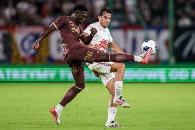 August 20, 2026, Zabrze, Poland: Lamine Camara of AS Monaco (L) and Paulo Bernardo of Gornik Zabrze (R) seen in action during the UEFA Conference League 2026 2027 match between Gornik Zabrze and AS Monaco at Municipal Stadium (Zabrze). FInal Score; Gornik Zabrze 2:3 AS Monaco..UEFA Conference League 2026 2027 match between Gornik Zabrze and AS Monaco UEFA Conference League 2026 2027 Match Gornik Zabrze And AS Monaco In Zabrze, Poland - 20 Aug 2026  - ZUMAs197 20260820_aaa_s197_325 Copyright: xGrzegorzxWajdax