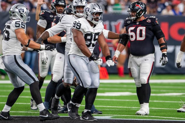 August 20, 2026: Las Vegas Raiders defensive tackle Thomas Booker IV (99) celebrates his sack during a preseason game between the Las Vegas Raiders and the Houston Texans in Houston, TX. .. CSM USA - ZUMAc04_ 20260820_faf_c04_011 Copyright: xTraskxSmithx