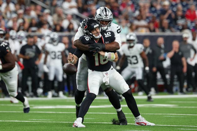 HOUSTON, TX - AUGUST 20: Defensive end Jahfari Harvey 91 of the Las Vegas Raiders sacks quarterback Brett Rypien 16 of the Houston Texans and causes a fumble during the NFL, American Football Herren, USA preseason game between the Houston Texans and the Las Vegas Raiders on August 20, 2026, at Reliant Stadium in Houston, TX. (Photo by David Buono Icon Sportswire) NFL: AUG 20 Raiders at Texans EDITORIAL USE ONLY Icon260820038