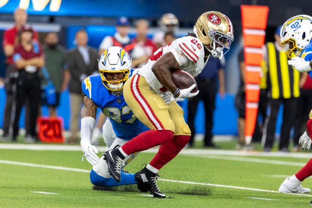 August 20, 2026, Inglewood, California, USA: San Francisco 49ers Running Back Kaelon Black (26) is tackled by Los Angeles Chargers Outside Linebacker Garmon Randolph (97) during an NFL, American Football Herren, USA football preseason game, in Inglewood, Calif. on Thursday August 20, 2026. Inglewood USA - ZUMAc68_ 20260820_zaf_c68_018 Copyright: xRingoxChiux
