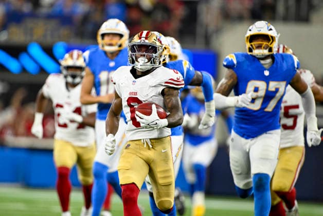 Aug 20, 2026; San Francisco 49ers wide receiver Jacob Cowing (6) returns a punt for a touchdown during the NFL, American Football Herren, USA game between the Los Angeles Chargers and the San Francisco 49ers in Inglewood, California, USA; Mandatory Credit: -Cal Media NFL 2026: 49ers Vs Chargers AUG 20  - ZUMAc04_ 20260820_zma_c04_025 Copyright: xCharlesxBausx